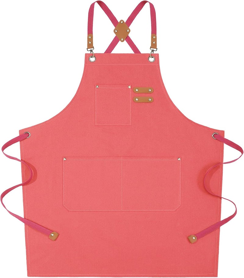 AFUN Chef Aprons for Women Men with Large Pockets, 12-Ounce Cotton Canvas Cross Back Water Repellent Apron (Pink) - Image 1